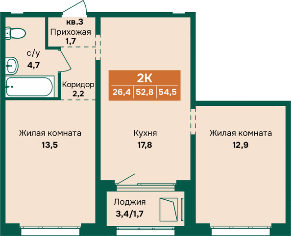 Планировка 2-комн 54,5 м²