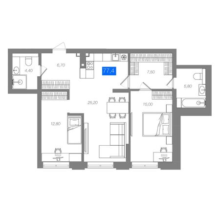 Планировка 2-комн 77,4 м²