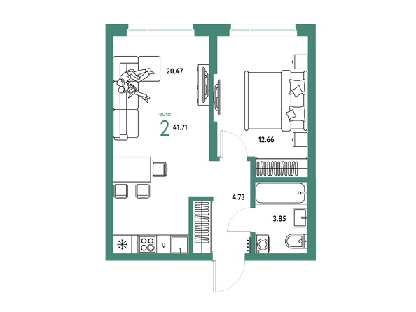 Планировка 2-комн 40,66 - 41,91 м²