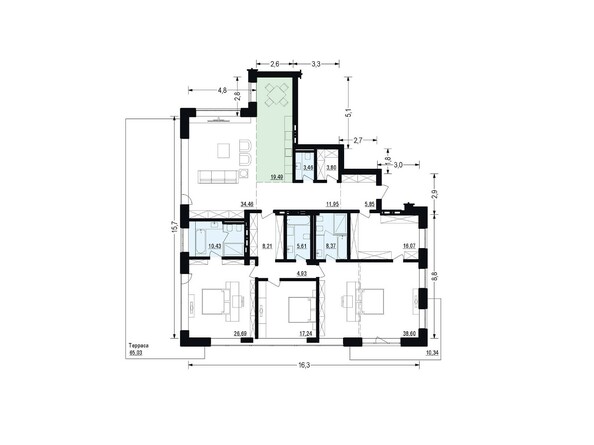 Планировка четырехкомнатной квартиры 215,16 кв.м