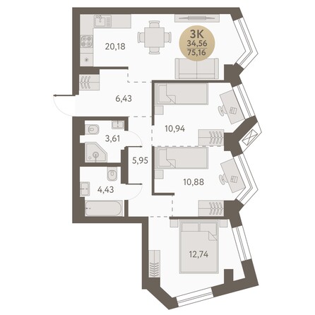 Планировка 3-комн 75,16 м²