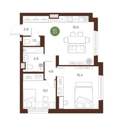 Планировка 3-комн 59,6 м²