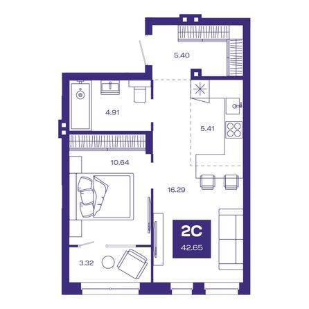 Планировка 2-комн 42,48 - 42,65 м²