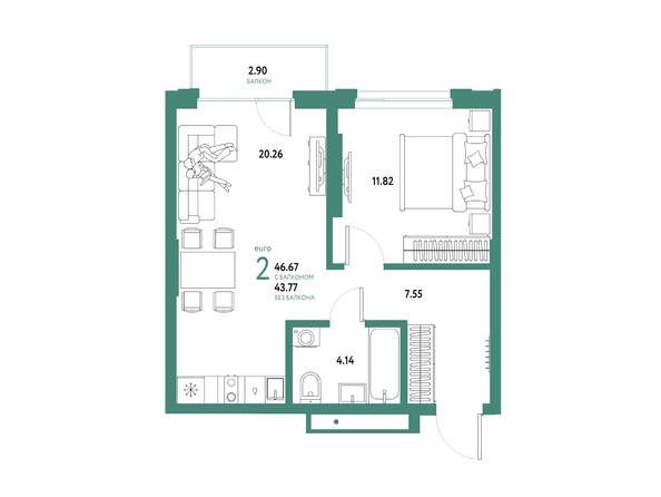 Планировка 2-комн 43,77, 46,67 м²