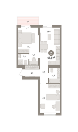 Планировка 2-комн 68,84 м²
