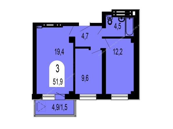 Планировка трехкомнатной квартиры 51,9 кв.м