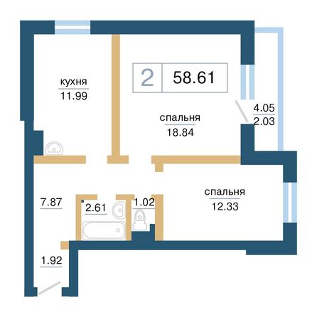 Планировка 2-комн 58,61 м²