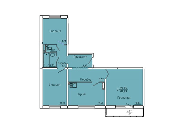 Планировка трехкомнатной квартиры 70,49 кв.м