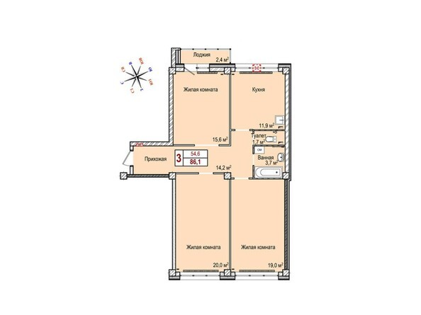 Планировка трёхкомнатной квартиры 86 кв.м