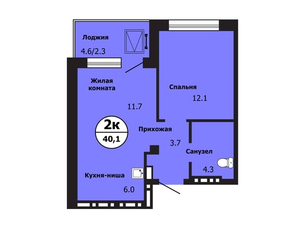 Планировка 2-комн 39,6 - 40,1 м²