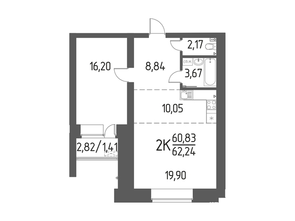 Планировка 2-комн 62,24 м²