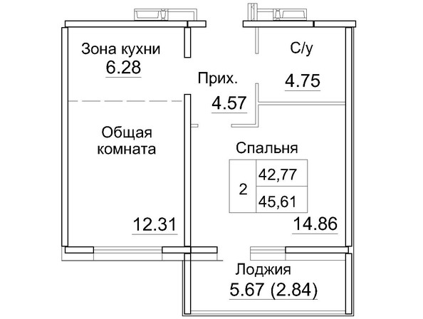 Планировка 2-комн 42,77, 45,61 м²