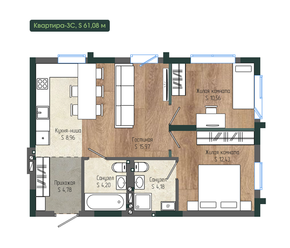 Планировка 3-комн 61,08 м²