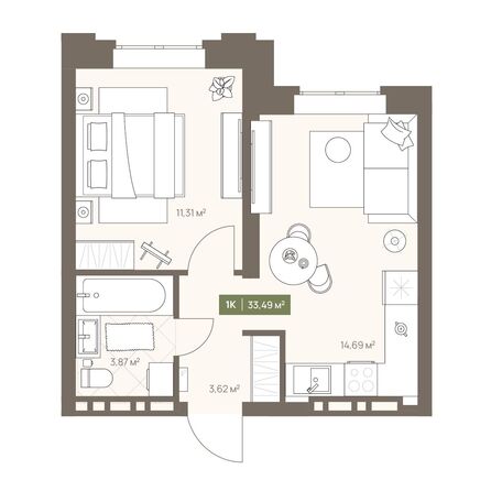 Планировка 1-комн 33,49, 34,79 м²