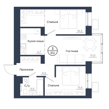 Планировка 3-комн 61,6 м²