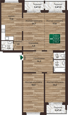 Планировка 4-комн 115,3 м²