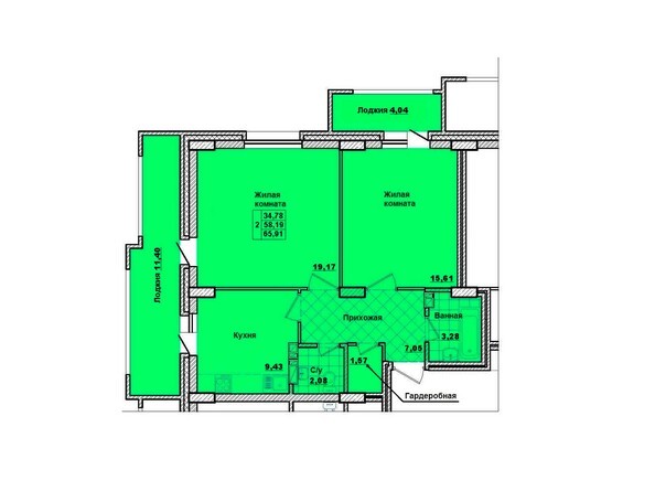 Планировка двухкомнатной квартиры 65,91 кв.м.