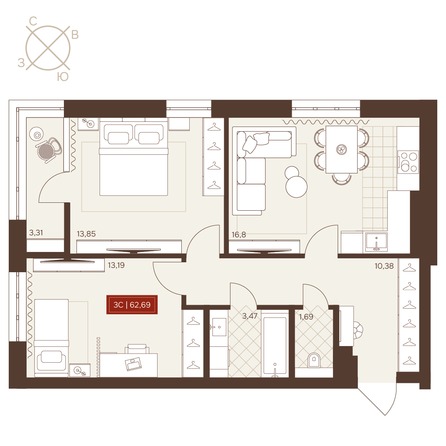 Планировка 3-комн 62,69, 63,04 м²
