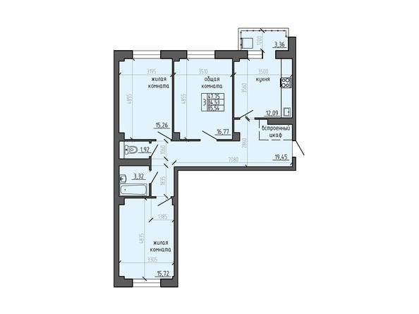 Планировка трехкомнатной квартиры 85,54 кв.м