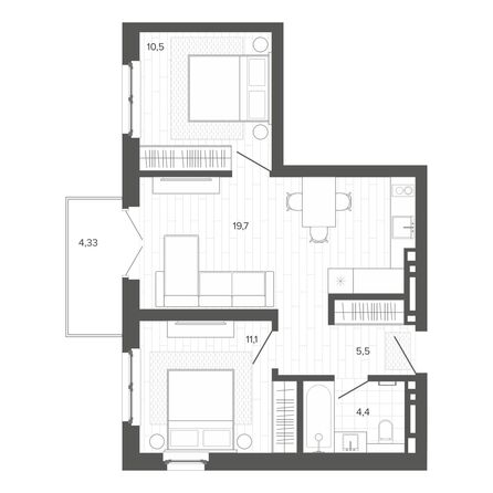 Планировка 3-комн 54,95 м²