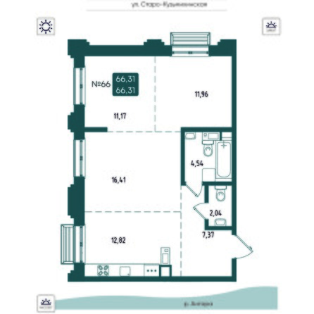 Планировка 3-комн 65,42, 66,31 м²