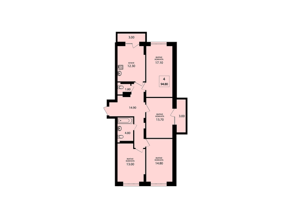 Планировка четырехкомнатной квартиры 94,8 кв.м