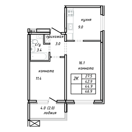 Планировка 2-комн 44,9 м²