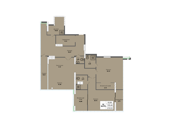 Планировка трехкомнатной квартиры 195,46 кв.м