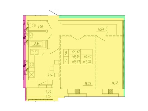 Планировка 2-комнатной квартиры 63,06 кв.м