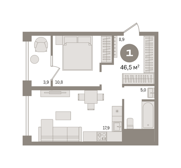 Планировка 1-комн 46,53 м²