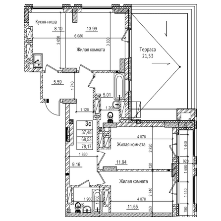 Планировка 2-комн 68,5 м²
