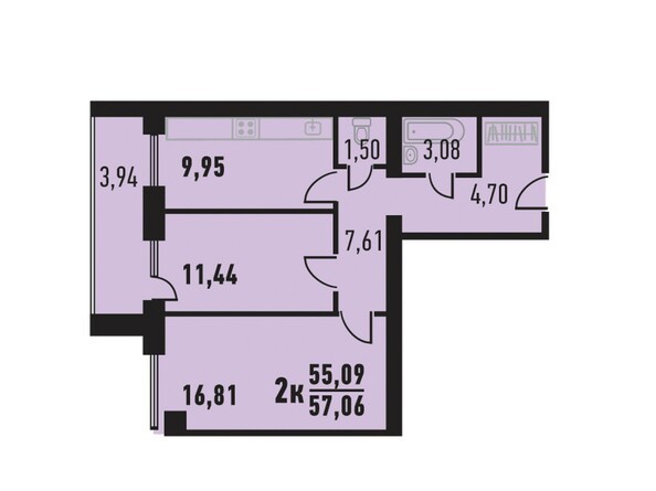 Планировка двухкомнатной квартиры 57,06 кв. м