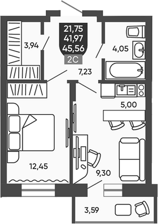 Планировка 2-комн 41,97 - 42,56 м²