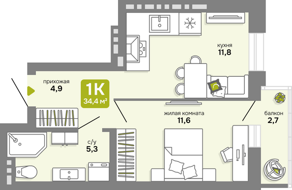 Планировка 1-комн 34,4 м²