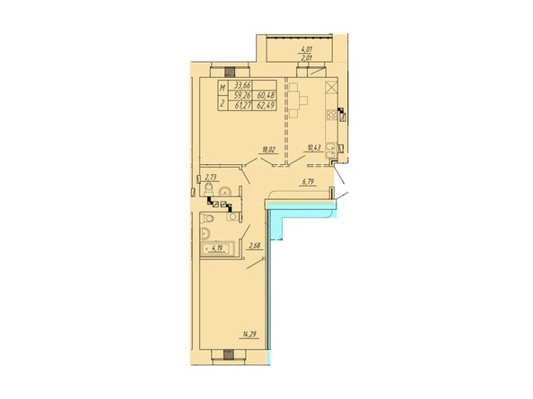 Планировка 2-комнатной квартиры 62,49 кв.м