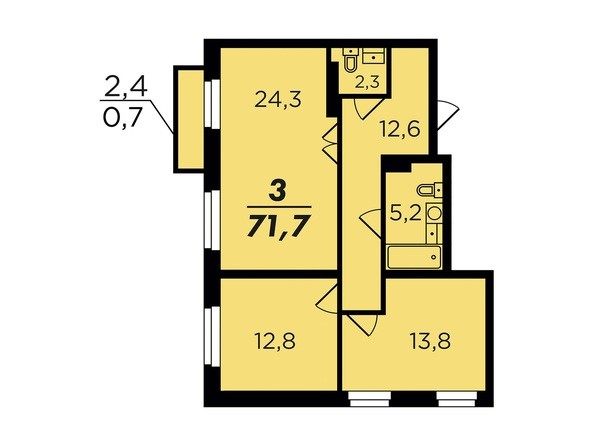 Планировка трехкомнатной квартиры 71,7 кв.м