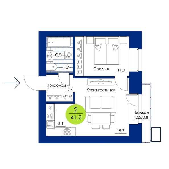Планировка 2-комн 41,2 м²