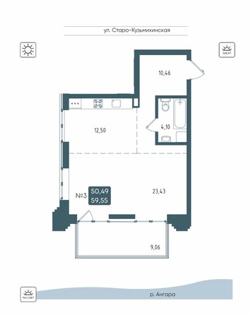 Планировка 1-комн 59,55 м²