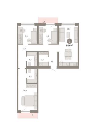 Планировка 3-комн 93,59 м²