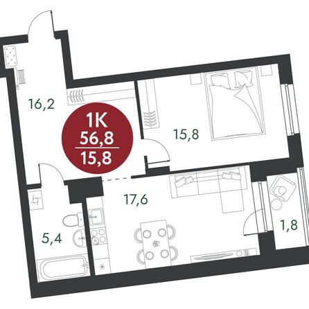 Планировка 1-комн 56,6, 56,8 м²