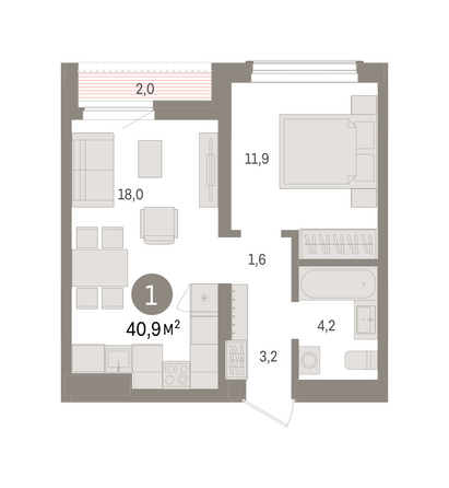 Планировка 1-комн 40,87, 41,25 м²