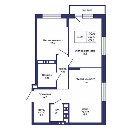 Планировка 3-комн 65,3 - 65,8 м²