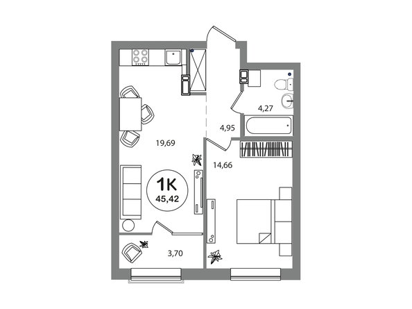 Планировка 1-комн 45,42 м²