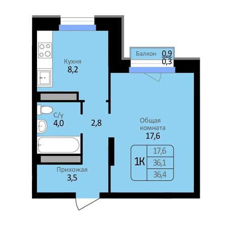 Планировка 1-комн 36,4 - 36,9 м²