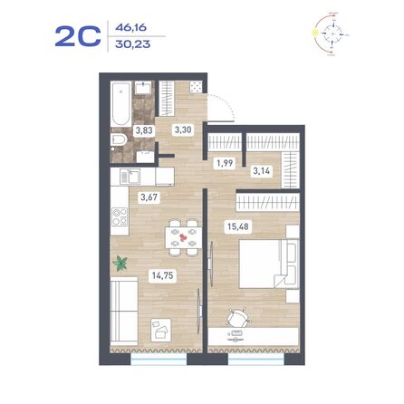 Планировка 2-комн 46,16 м²