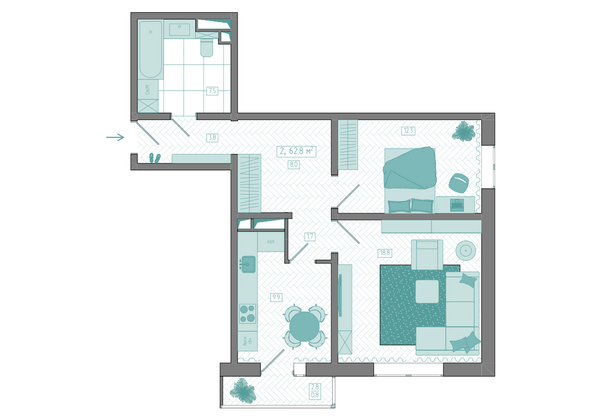 Планировка 2-комн 62,8 м²