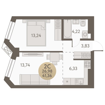 Планировка 2-комн 41,36 м²