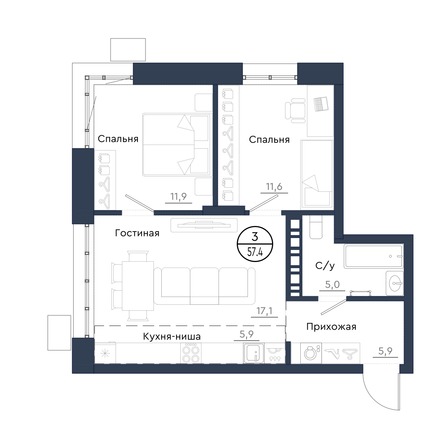 Планировка 3-комн 57,4 м²