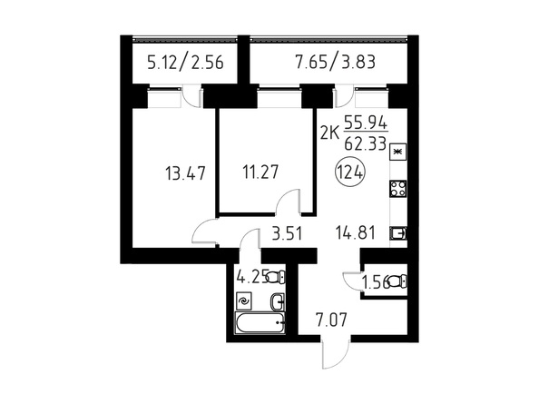 Планировка 2-комн 62,3 м²