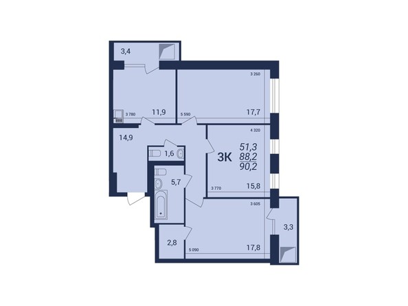 Планировка 3-комнатной квартиры 90,2 кв.м